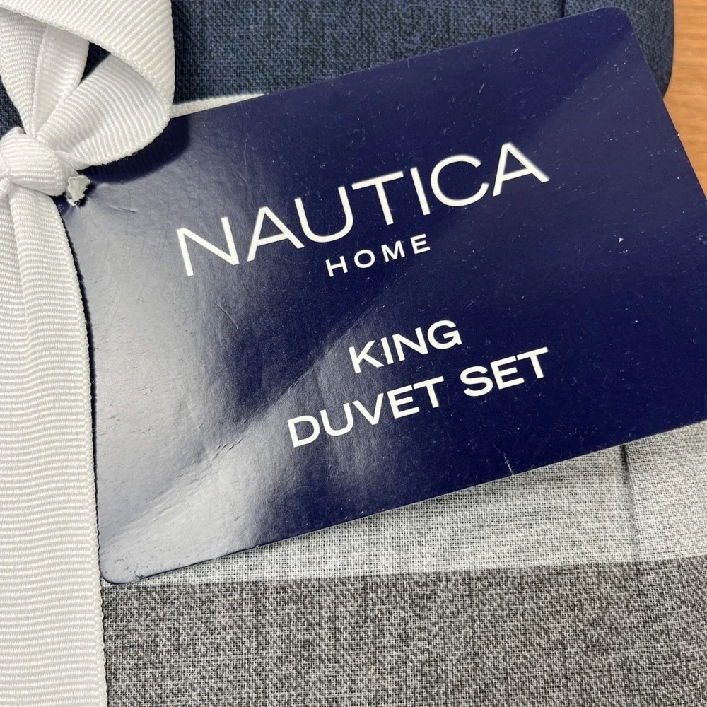 Nautica Home Rendon KING Size Duvet Cover‎ & Pillow Sham Set Grey/Navy NEW
